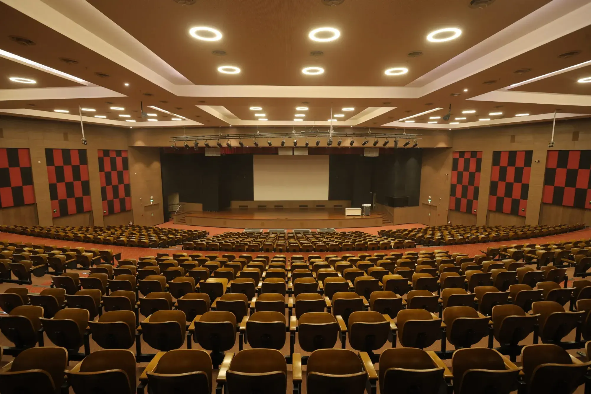 The auditorium: tiered wooden seats facing a stage and screen, with acoustic panels on the side walls.